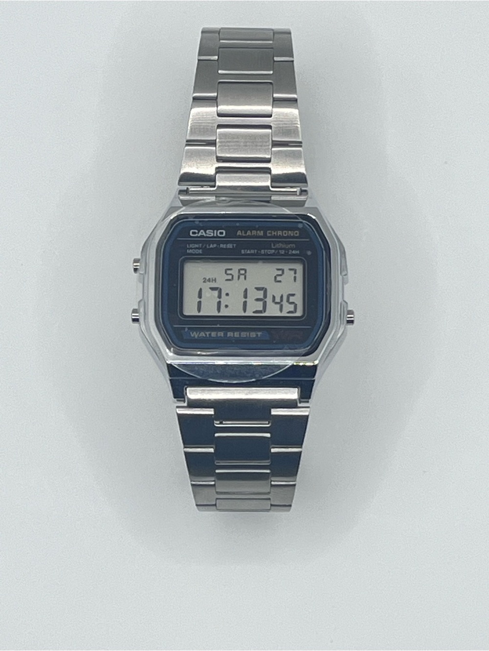 Casio Retro Silver Digital Alarm Chrono Watch with Blue Accent